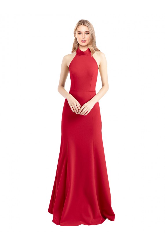 Sleek Fit and Flare High Neck Halter Stretch Crepe Bridesmaid Dress with Open Back UK