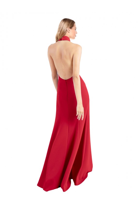 Sleek Fit and Flare High Neck Halter Stretch Crepe Bridesmaid Dress with Open Back UK