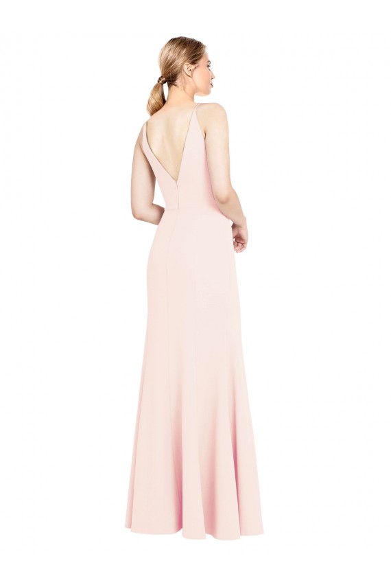 Slim A-Line V-Neck Long Stretch Crepe Bridesmaid Dress with V-Back UK