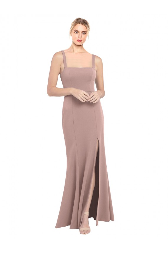 Square Neck Fit and Flare Long Stretch Crepe Bridesmaid Dress with Side Slit UK
