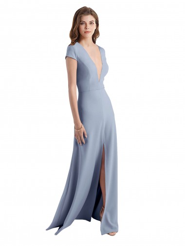 Plunging V-Neck Cap Sleeves Stretch Crepe Bridesmaid Dress with Front Slit UK