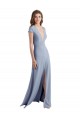 Plunging V-Neck Cap Sleeves Stretch Crepe Bridesmaid Dress with Front Slit UK