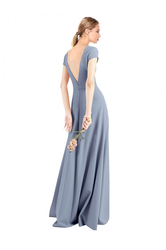 Plunging V-Neck Cap Sleeves Stretch Crepe Bridesmaid Dress with Front Slit UK