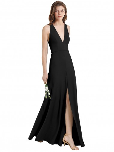 Sleek Halter V-Neck Long A-Line Stretch Crepe Bridesmaid Dress with Front Slit UK