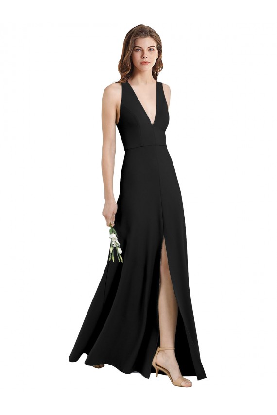 Sleek Halter V-Neck Long A-Line Stretch Crepe Bridesmaid Dress with Front Slit UK