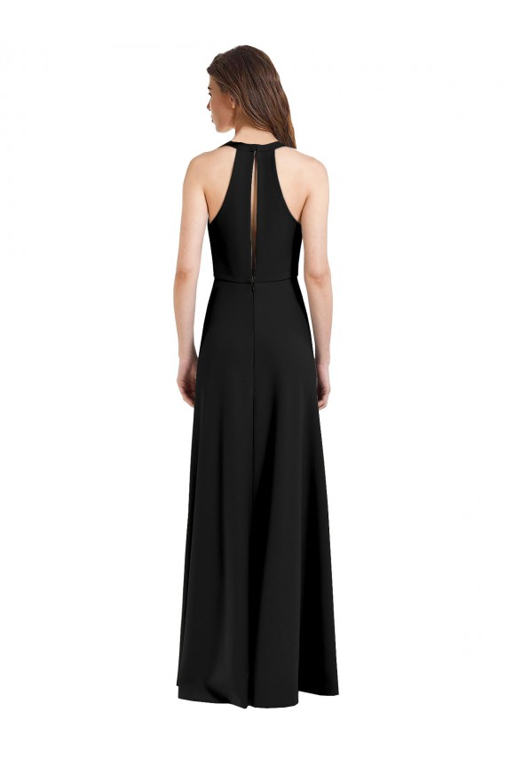 Sleek Halter V-Neck Long A-Line Stretch Crepe Bridesmaid Dress with Front Slit UK