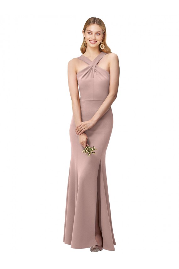 Long Floor Length High Neck Fit and Flare Stretch Crepe Bridesmaid Dress with Side Slit UK