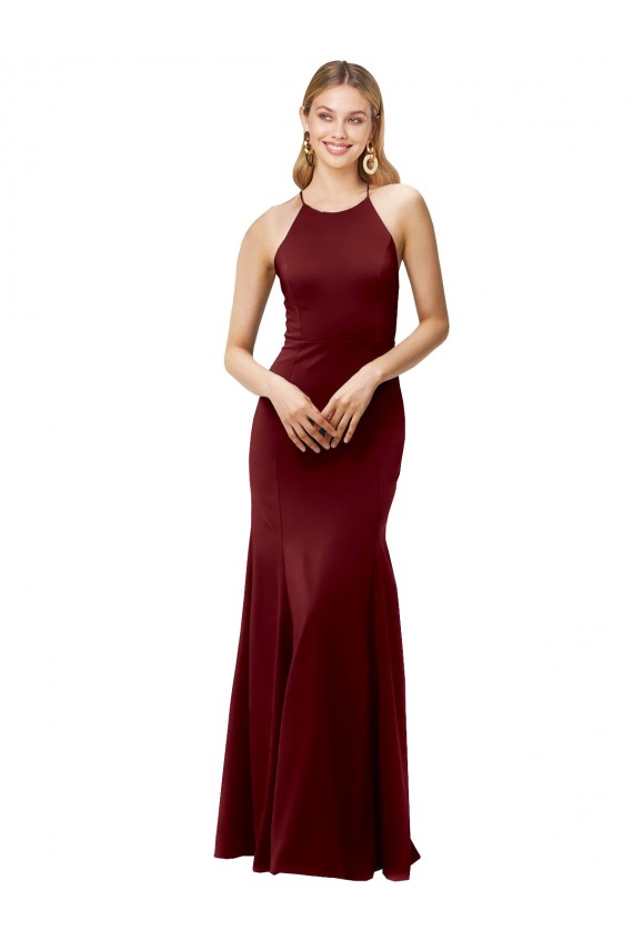 Fit and Flare Halter Neckline Stretch Crepe Bridesmaid Dress with Strappy Back UK