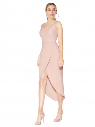 Knee Length Short Crepe Formal Wrap Bridesmaid Dress UK