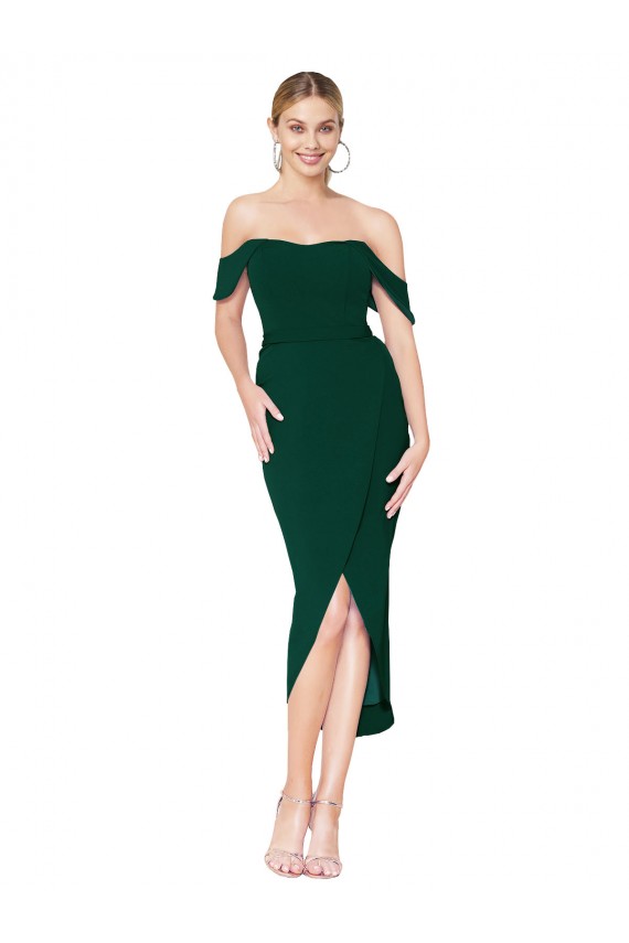 Off the Shoulder Knee Length Crepe Wrap Short Bridesmaid Dress UK