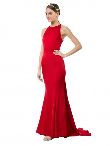 High Neck Mermaid Open Back Crepe Maxi Bridesmaid Dress with Train Detail UK