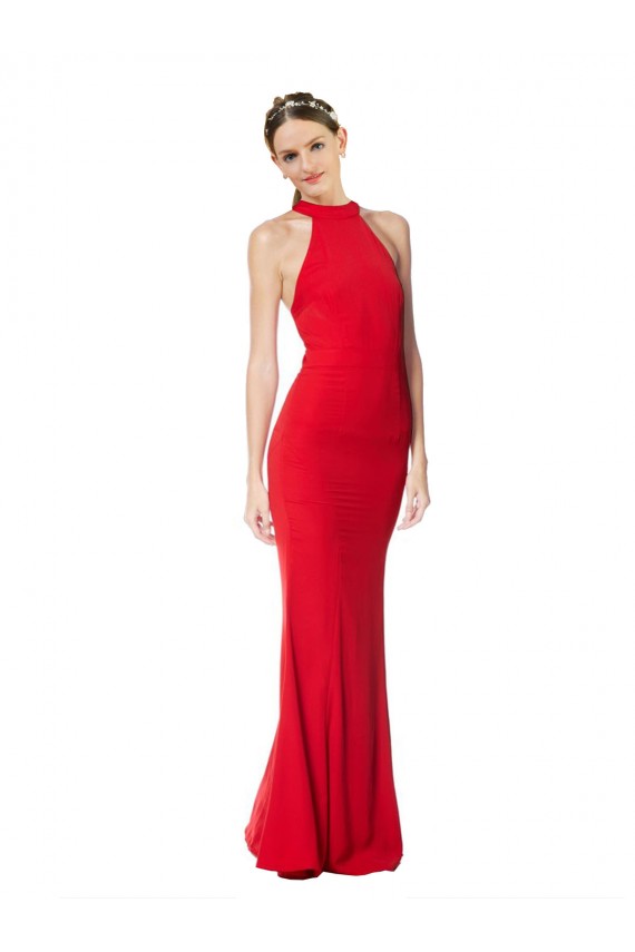 Halter Neck Keyhole Back Sleeveless Crepe Maxi Bridesmaid Dress UK
