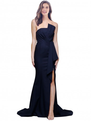 Long Strapless Sweep Train Low Back Crepe Bridesmaid Dress UK