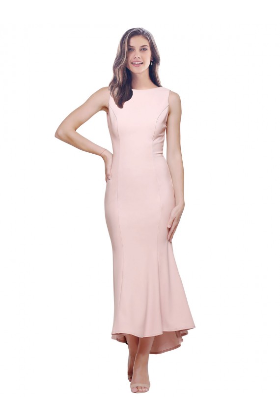 High Neck Low V-Back Midi Length Crepe Bridesmaid Dress UK