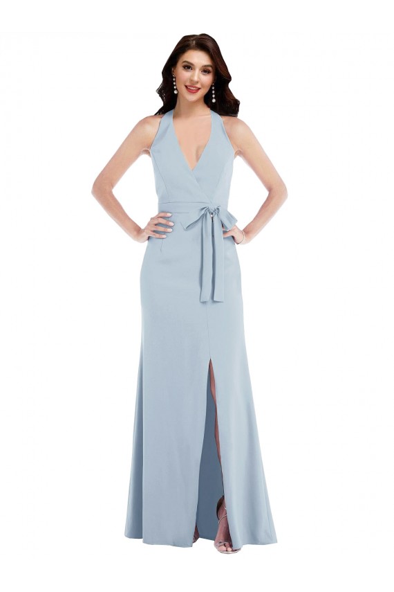 Open Back Halter Maxi Bridesmaid Dress with Draped Bow UK