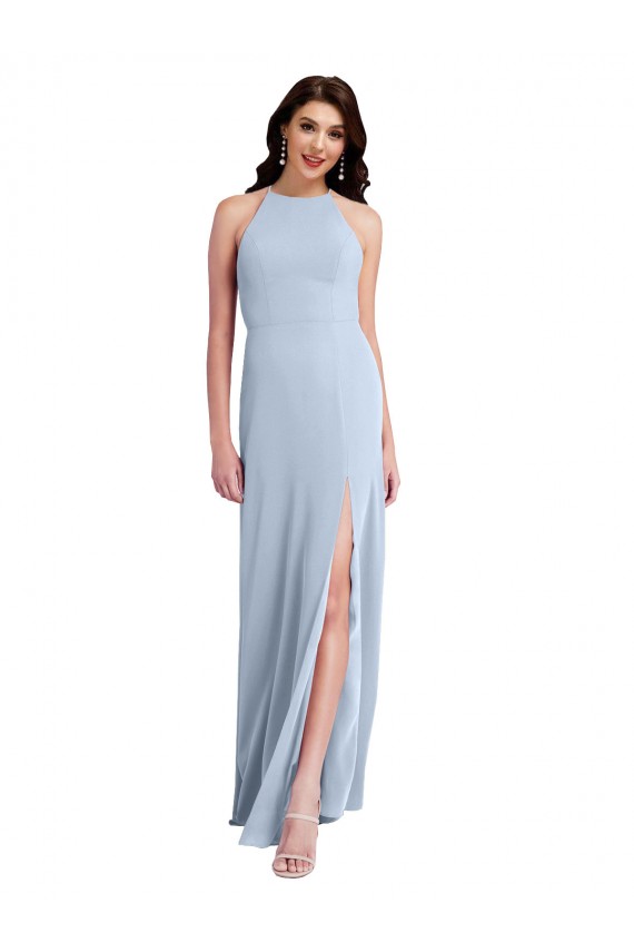 Fit and Flare High Neck Crepe Bridesmaid Dress with Side Slit UK