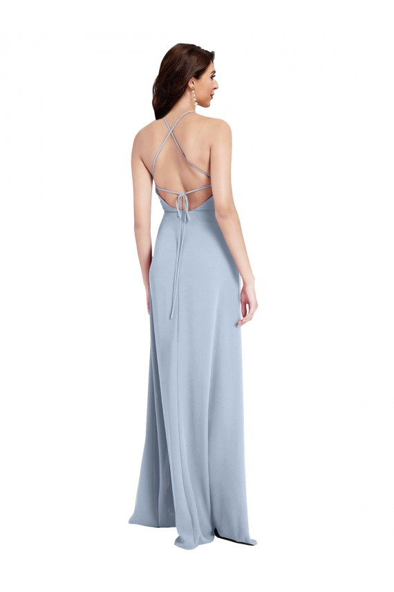 Fit and Flare High Neck Crepe Bridesmaid Dress with Side Slit UK