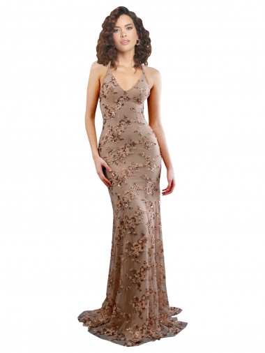 Floral Patterned Backless V-Neckline Sequin Bridesmaid Dress UK