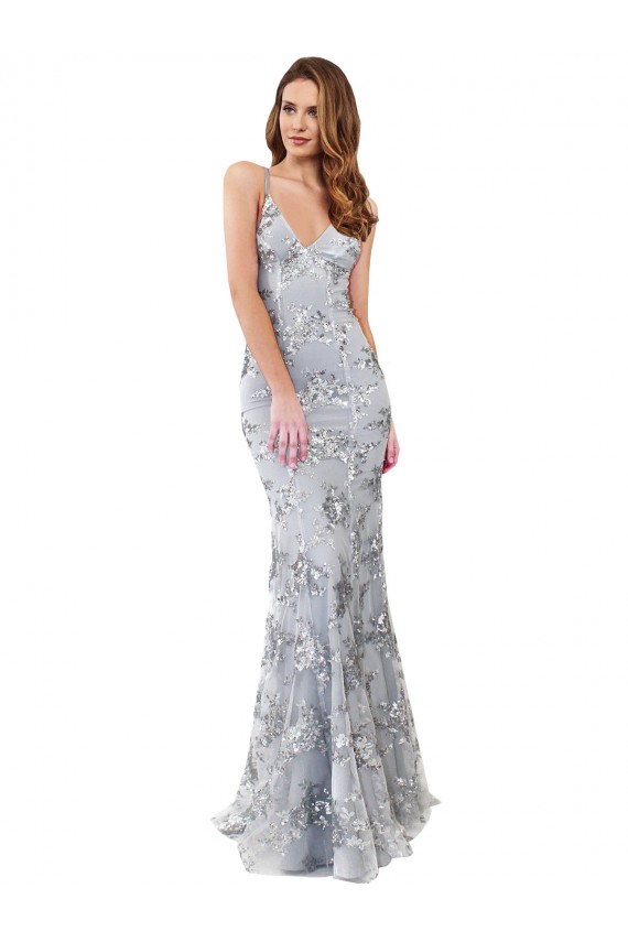 Silver V-Neckline Backless Floral Patterned Sequin Bridesmaid Dress UK