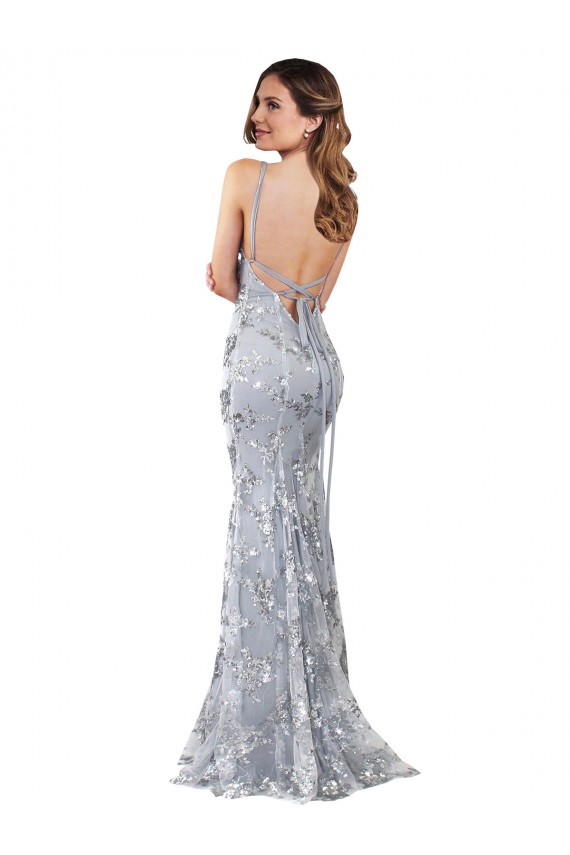 Silver V-Neckline Backless Floral Patterned Sequin Bridesmaid Dress UK