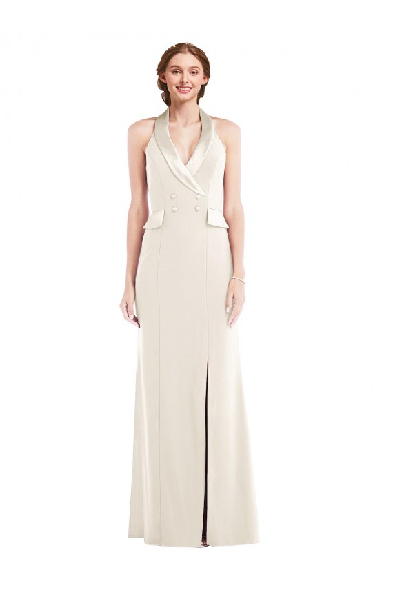 Halter Tuxedo Maxi Bridesmaid Dress with Front Slit UK