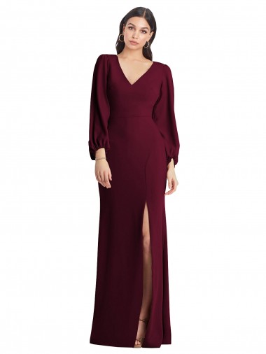Long Puff Sleeve V-Neck Trumpet Bridesmaid Maxi Dress UK