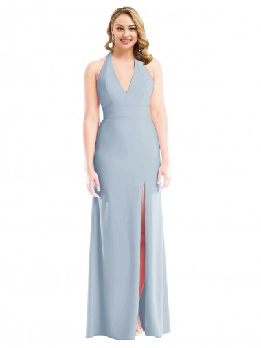 Plunge Neck Halter Backless Trumpet Bridesmaid Dress with Front Slit UK