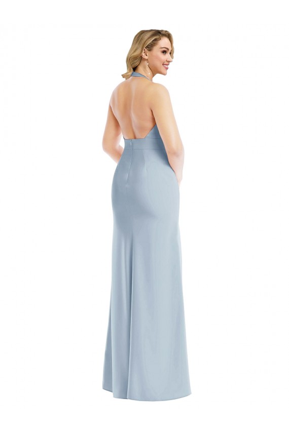 Plunge Neck Halter Backless Trumpet Bridesmaid Dress with Front Slit UK