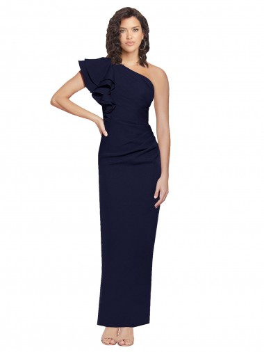 Ruched Floor Length Long Crepe Bridesmaid Dress with Shoulder Ruffles UK