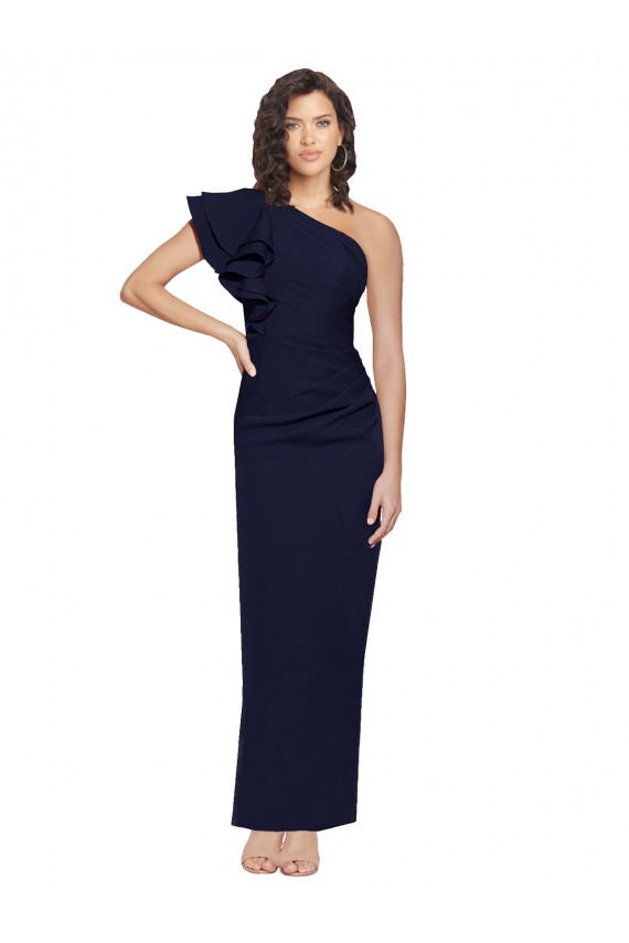 Ruched Floor Length Long Crepe Bridesmaid Dress with Shoulder Ruffles UK