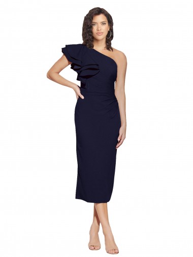 Ruched Midi Length Short Crepe Bridesmaid Dress with Shoulder Ruffles UK