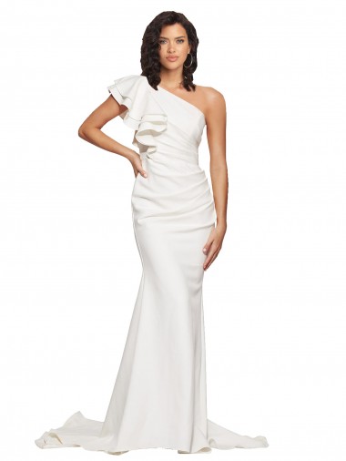 Ruched Long Sweep Train Crepe Bridesmaid Dress with Shoulder Ruffles UK