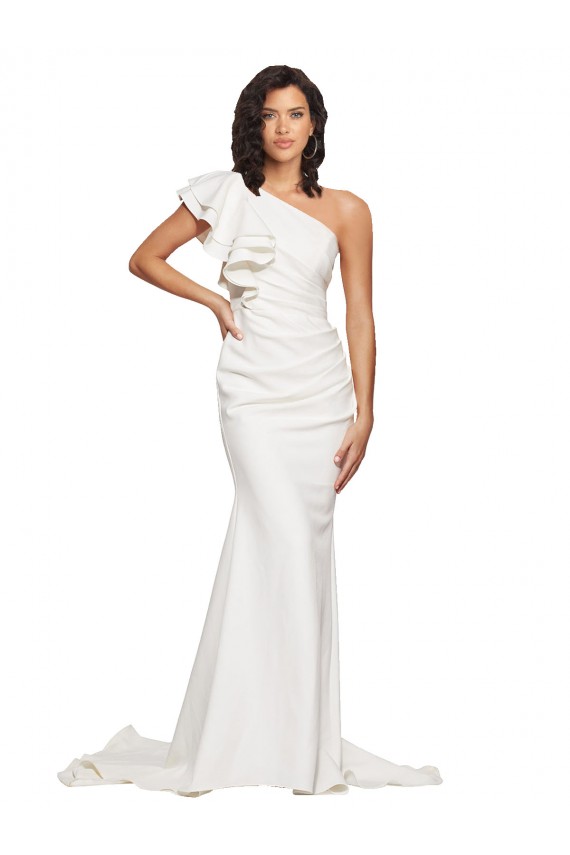 Ruched Long Sweep Train Crepe Bridesmaid Dress with Shoulder Ruffles UK