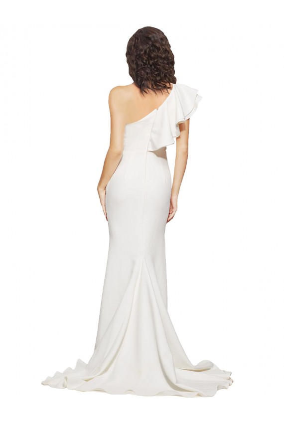 Ruched Long Sweep Train Crepe Bridesmaid Dress with Shoulder Ruffles UK