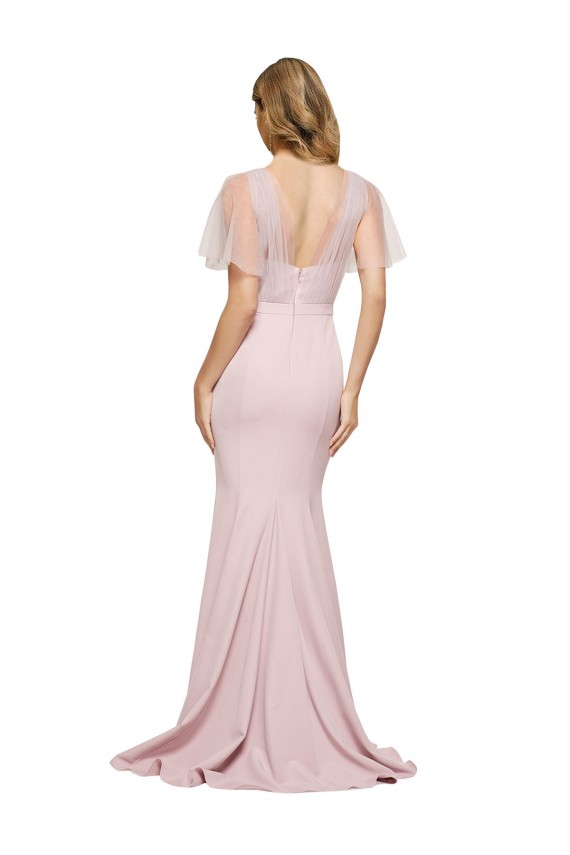 Crepe Long Sweetheart Neckline Bridesmaid Dress with Tulle Overlay Shoulders UK
