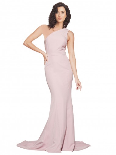 Long Sweep Train One Shoulder Crepe Bridesmaid Dress with Side Leg Split UK