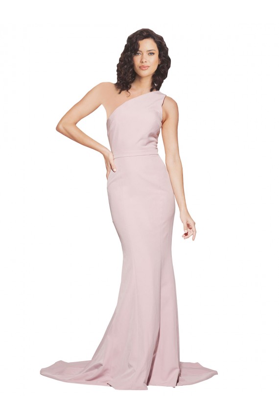 Long Sweep Train One Shoulder Crepe Bridesmaid Dress with Side Leg Split UK