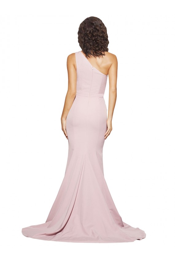 Long Sweep Train One Shoulder Crepe Bridesmaid Dress with Side Leg Split UK