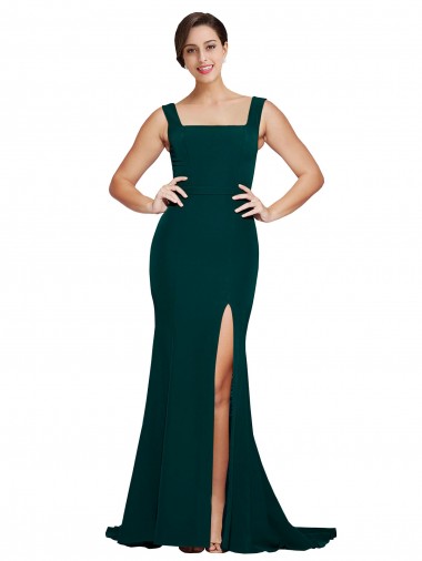 Fitted Square Neck Long Crepe Bridesmaid Dress with Train and Side Split UK