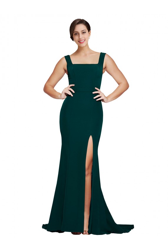Fitted Square Neck Long Crepe Bridesmaid Dress with Train and Side Split UK