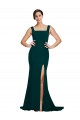 Fitted Square Neck Long Crepe Bridesmaid Dress with Train and Side Split UK