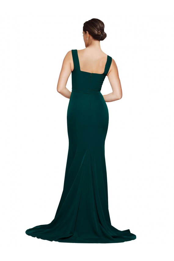 Fitted Square Neck Long Crepe Bridesmaid Dress with Train and Side Split UK