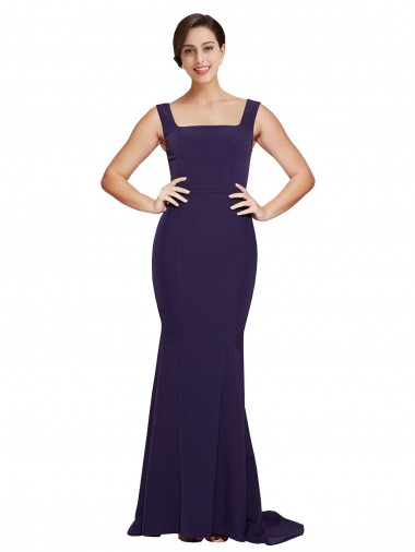 Square Neck Long Sweep Train Crepe Bridesmaid Dress with Thick Straps UK