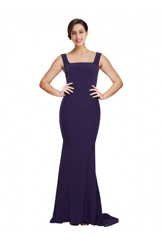 Square Neck Long Sweep Train Crepe Bridesmaid Dress with Thick Straps UK