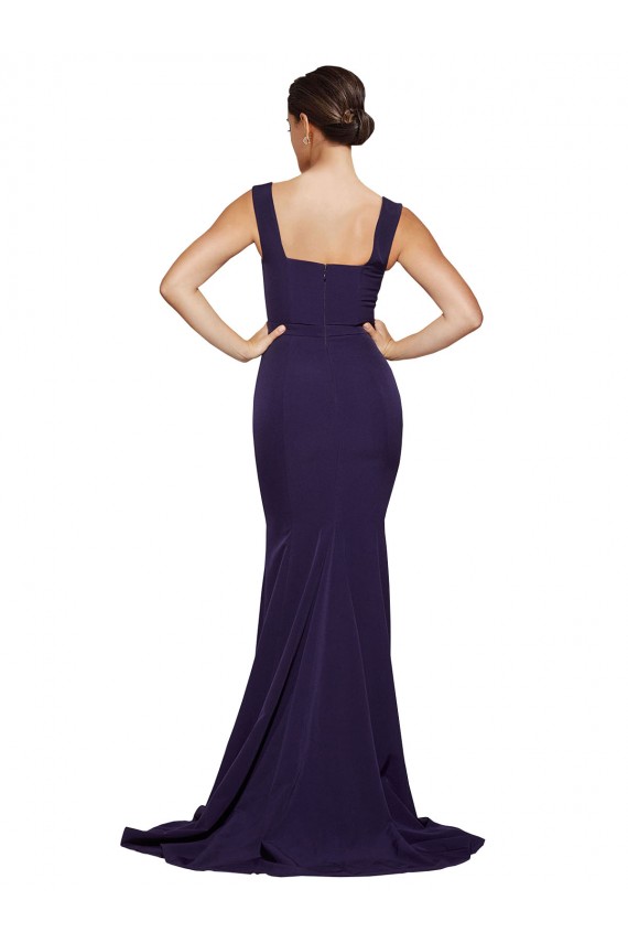 Square Neck Long Sweep Train Crepe Bridesmaid Dress with Thick Straps UK
