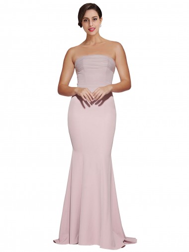 Straight Neck Long Strapless Crepe Bridesmaid Dress with Soft Tulle Overlay and Small Train UK