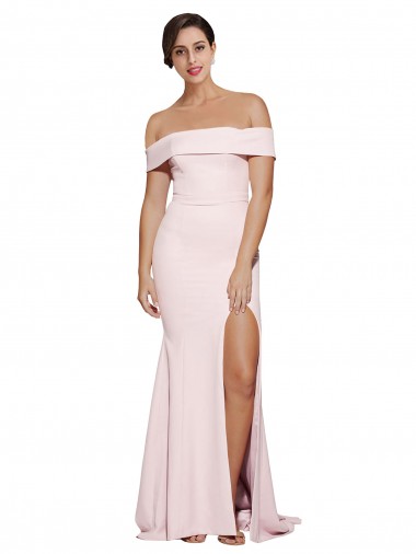 Off Shoulder Long Crepe Bridesmaid Dress with Straight Neckline and Side Split UK