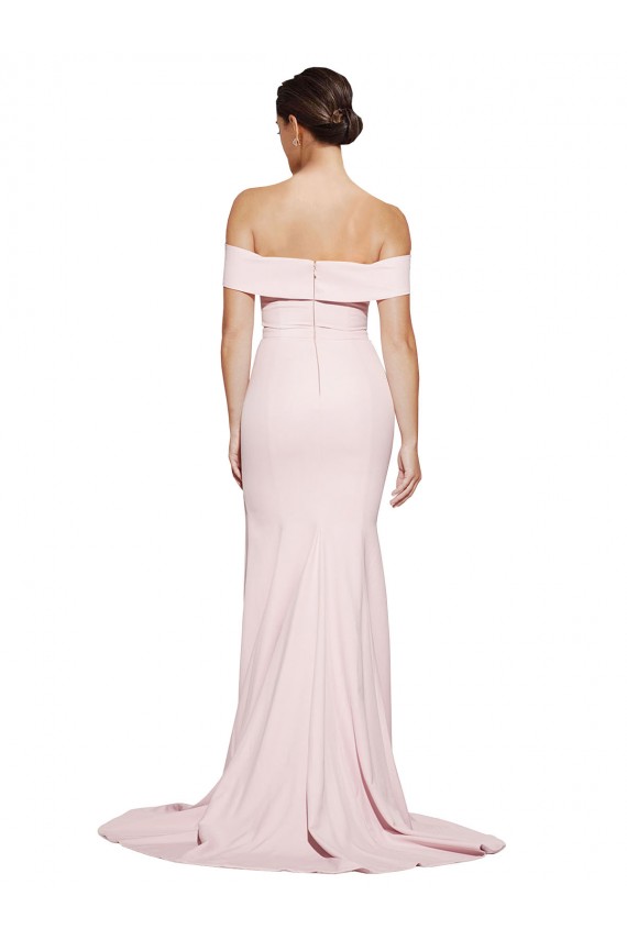 Off Shoulder Long Crepe Bridesmaid Dress with Straight Neckline and Side Split UK