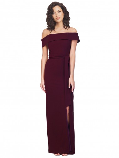 Fitted Full Length Off the Shoulder Crepe Bridesmaid Dress with Side Split and Waist Tie UK