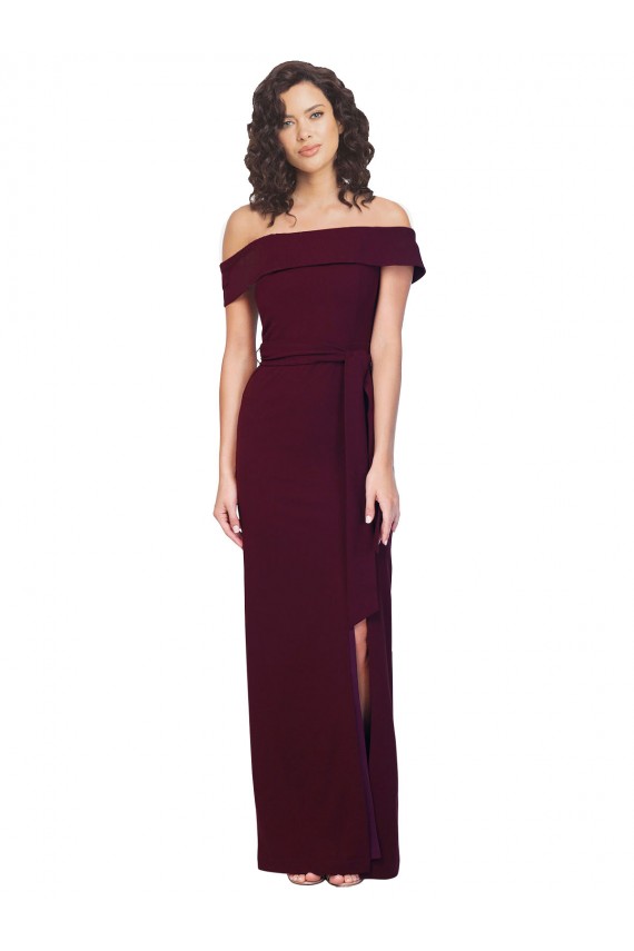 Fitted Full Length Off the Shoulder Crepe Bridesmaid Dress with Side Split and Waist Tie UK